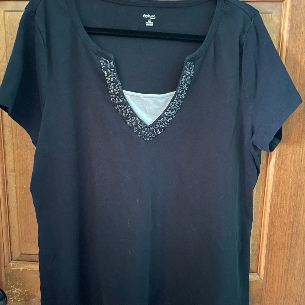 Style & Co Black Cotton Short Sleeve V-Neck Top with Beaded Trim
